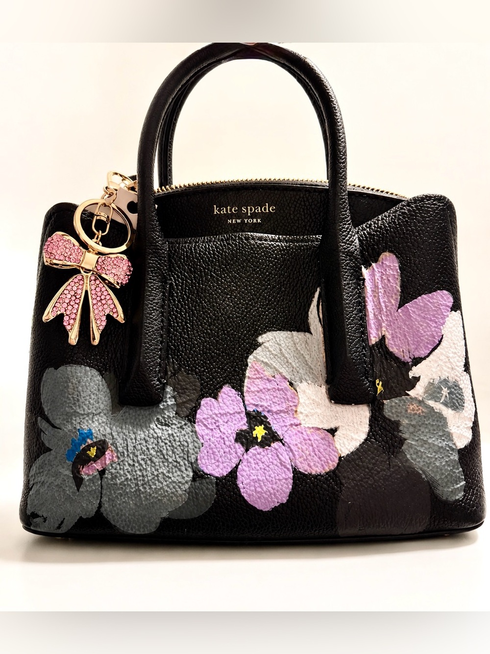 Kate Spade Margaux Brush Bloom Pebbled Leather Satchel Bow and Keychain Charm